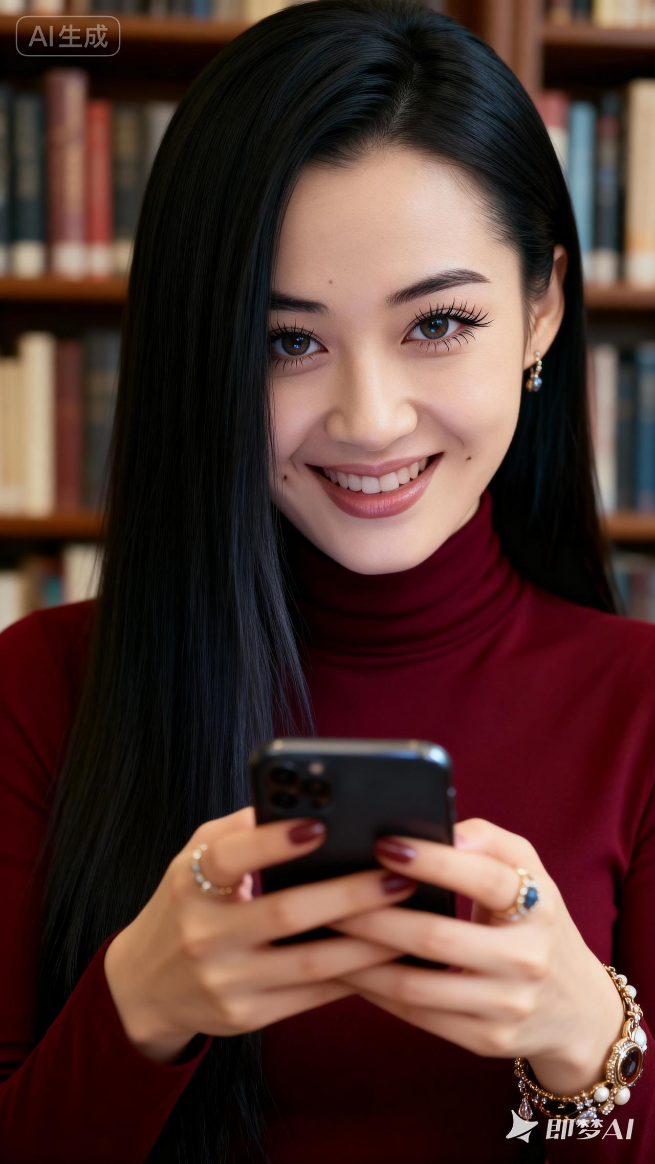 甜美笑容，书香气息，手机相伴，优雅生活。