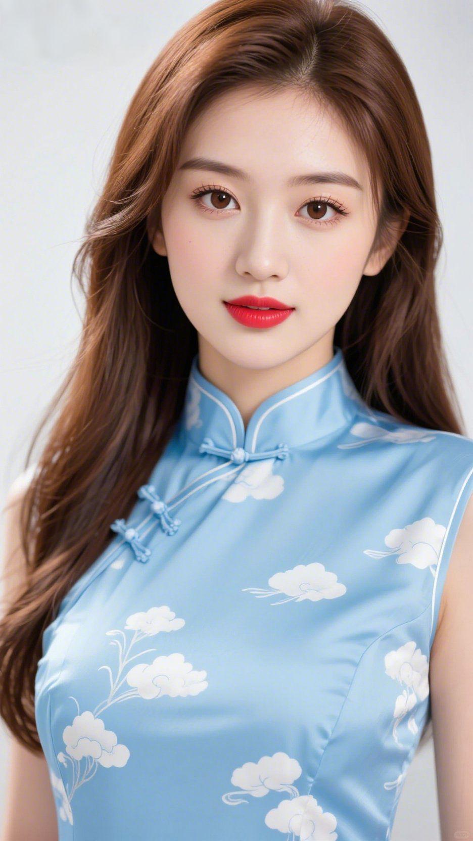 青衿揽云归缎面的浅蓝似揽了整片晴空，流云纹样缀于衣间，是揉碎的云，也是藏不