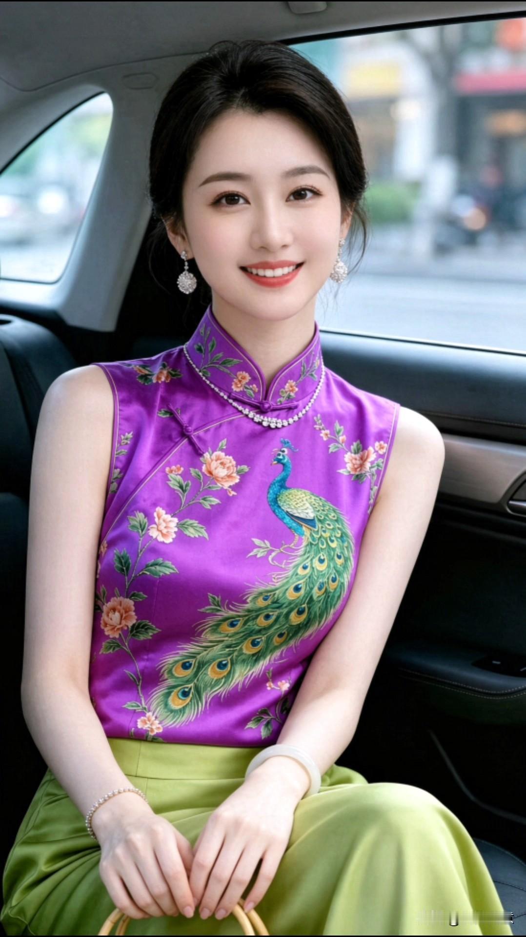 今天分享我喜欢的紫孔雀无袖新中式上衣搭配浅绿阔腿裤，雅致撞色韵味十足。坐在车内从