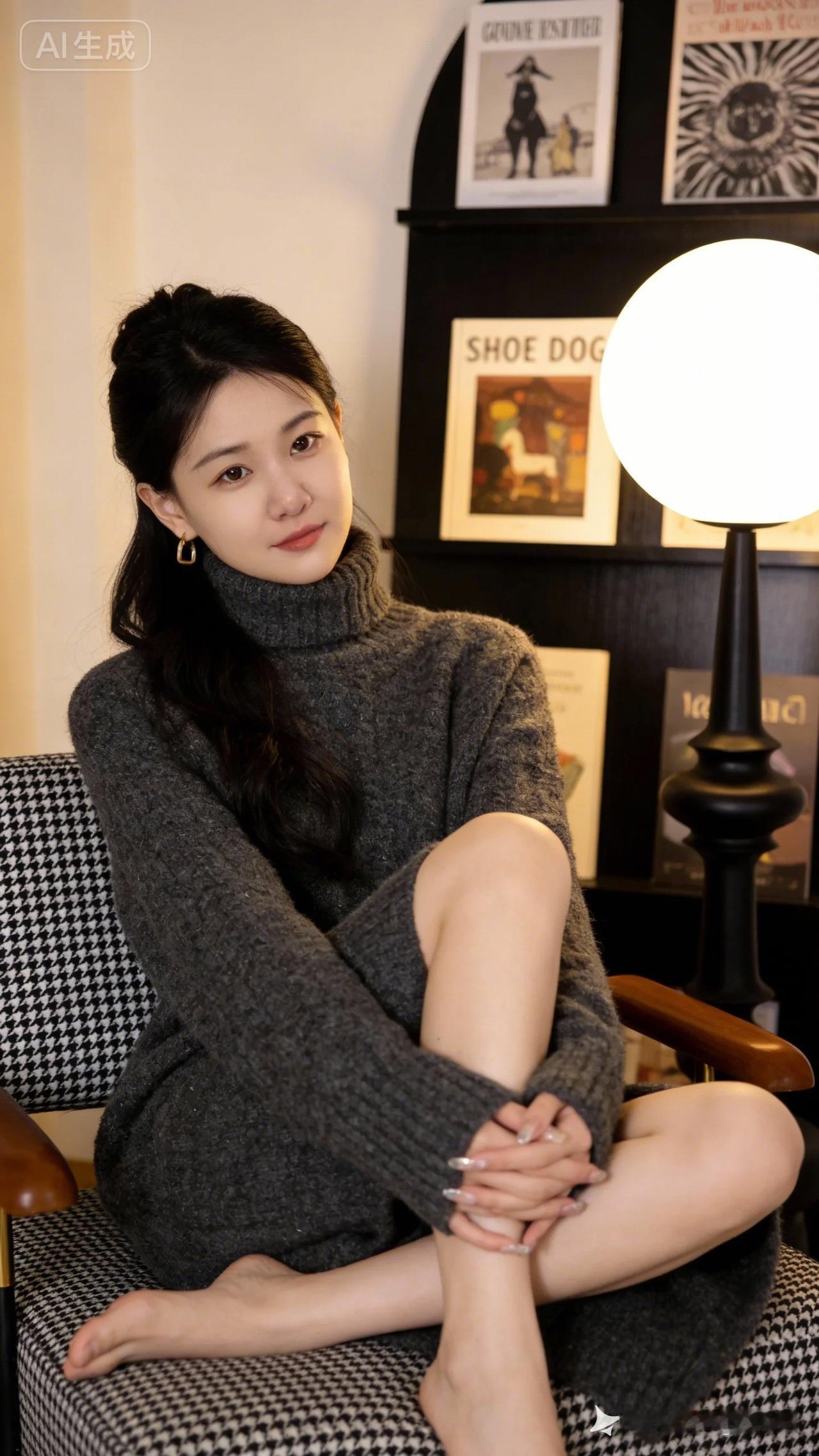 这姑娘在沙发上翘着腿坐着，祝她快乐每一天。