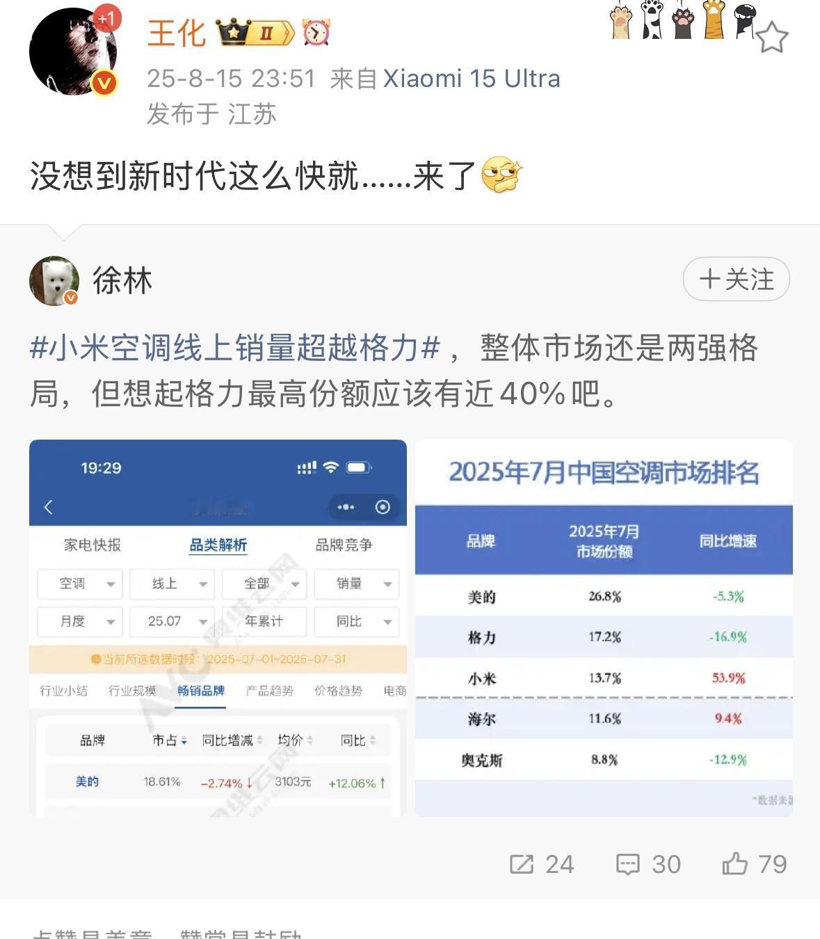 小米王化回应空调线上销量超格力买小米空调，很多人看重的就是智能化和性价比！