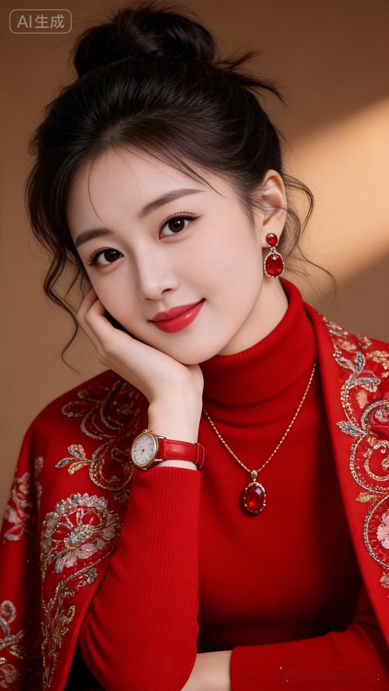 优雅红衣美人，复古珠宝闪耀，尽显东方韵味！
