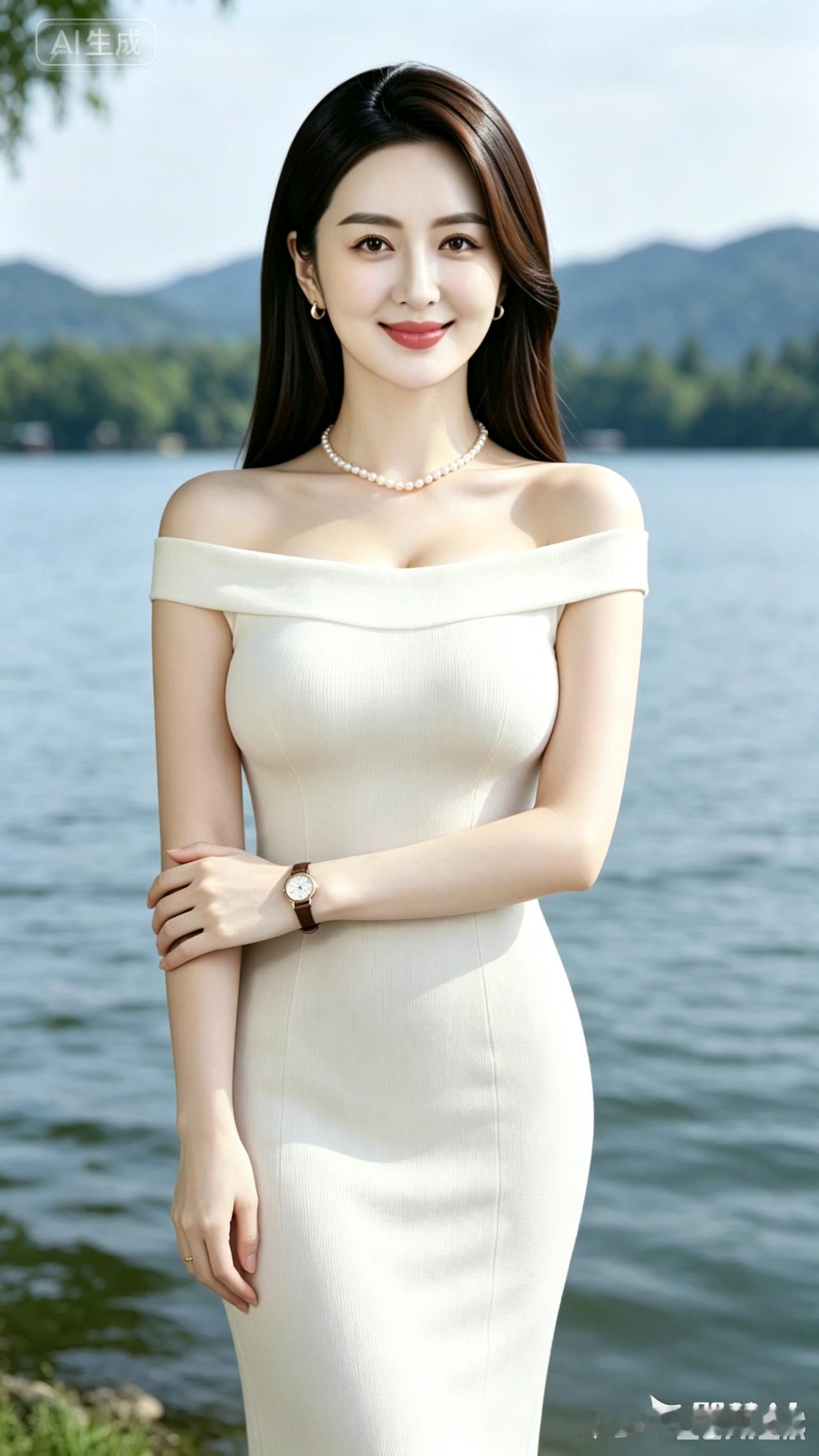 湖畔芳姿眉弯自带温柔意，珠绕脖颈韵韵幽。浅笑宛如春日风，端庄气质雅容留。