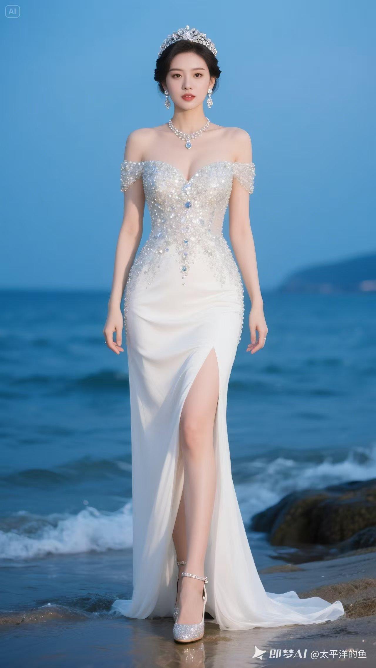 海边梦幻婚纱真的太绝了，那闪耀的珍珠与海浪相映成趣，宛如童话公主！拍水边婚纱照，