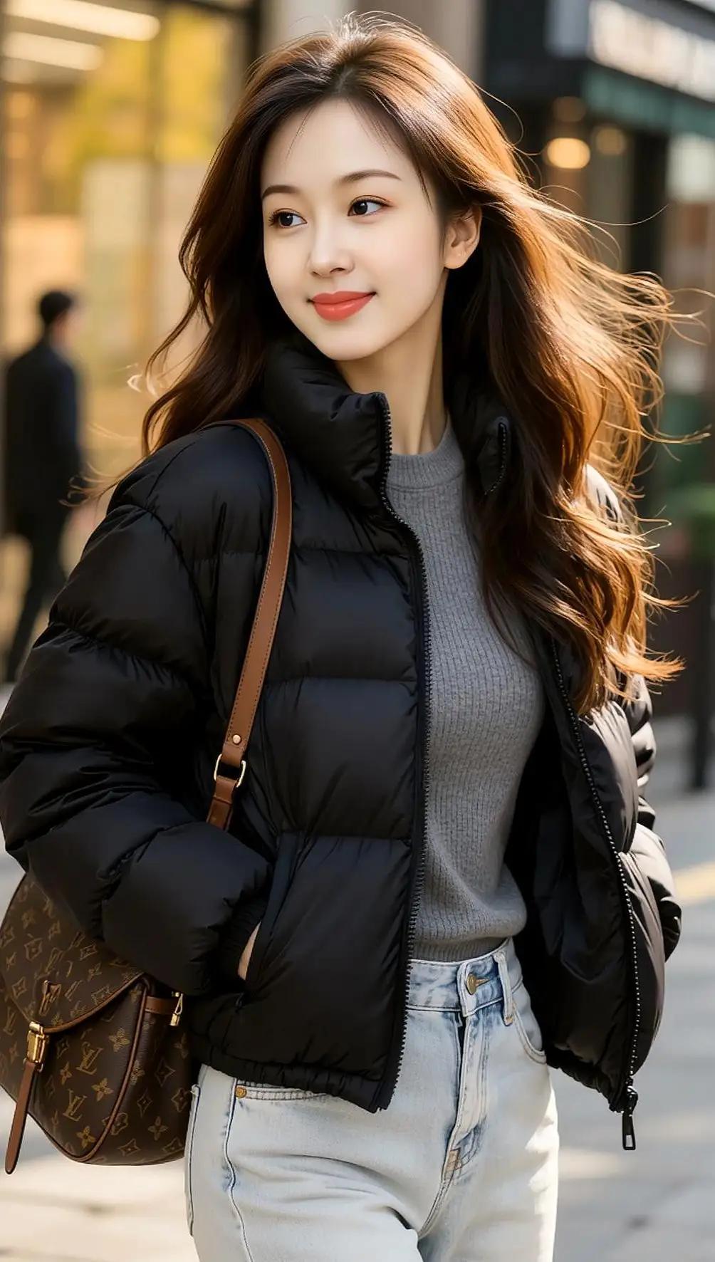 冬日穿搭指南：黑色羽绒服+灰色毛衣+牛仔裤，时尚又保暖优雅的气质穿搭，甜美与酷