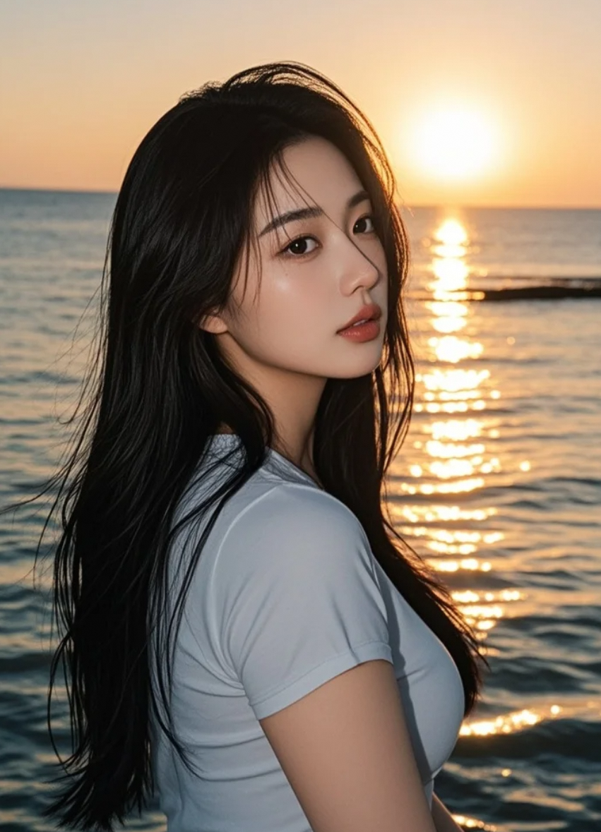 金色夕阳与她共舞于海边