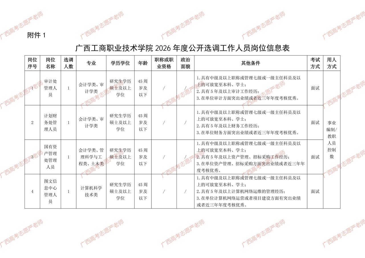 广西工商职业技术学院2026年度公开选调工作人员公告——
