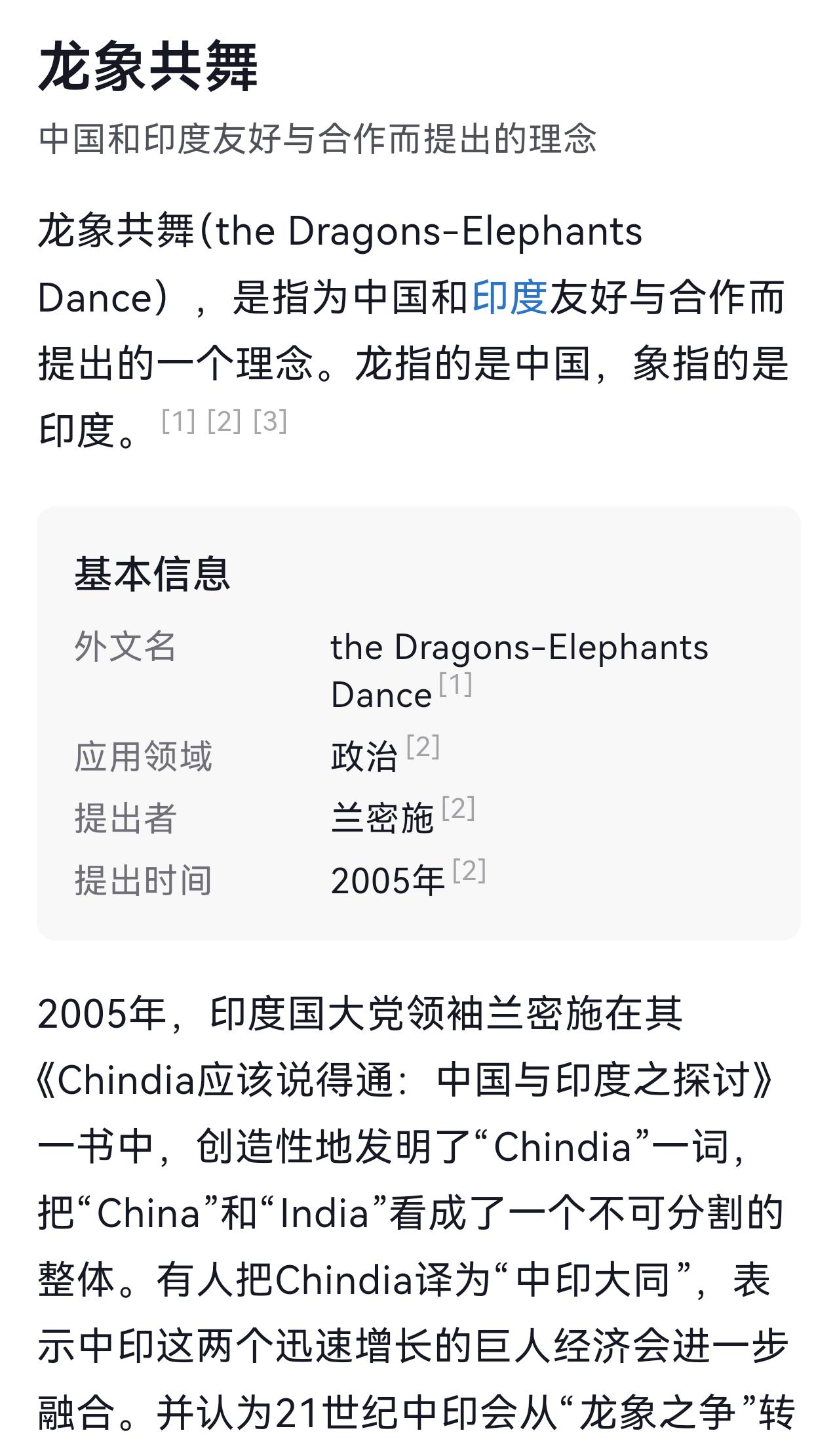 最早提出龙象共舞的是印度国大党政客兰密施，他在书中首创合成词Chindia（中印