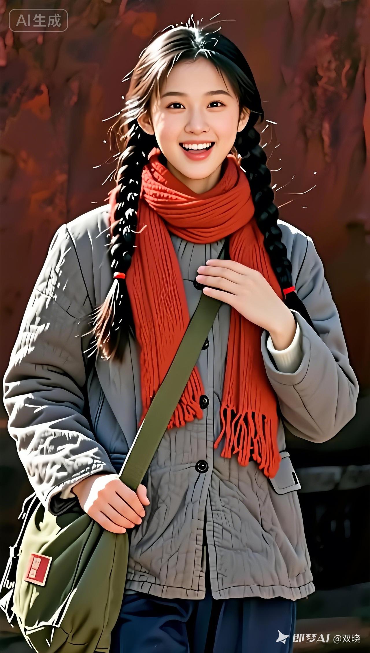 冬日暖阳下的甜美少女，红围巾与灰外套的完美搭配，元气满满！🌞💕
