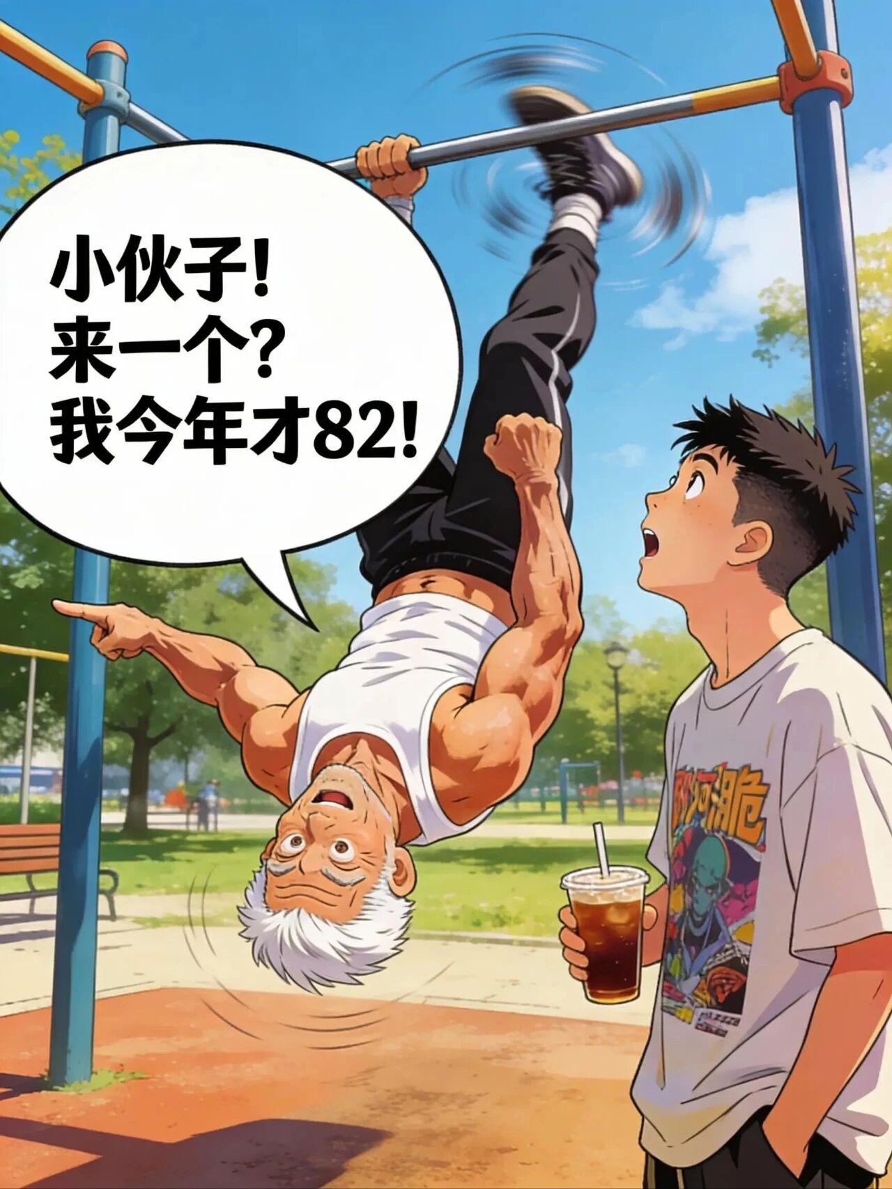 公园里的‘巅峰对决’大爷：小伙子！来一个？我今年才82!阿脆：大爷您太小看我