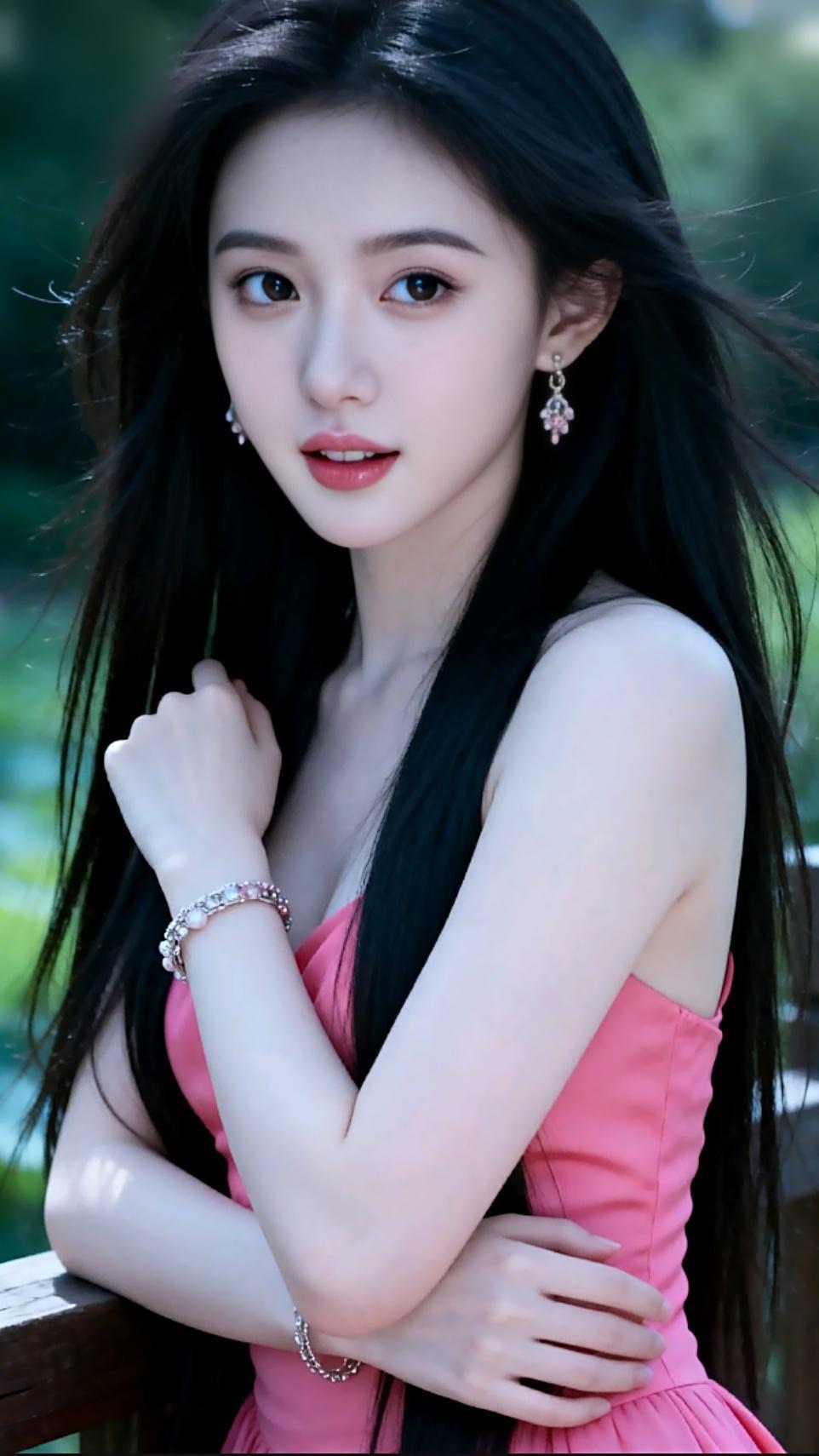 甜美少女风，粉色连衣裙，优雅气质，清新自然。