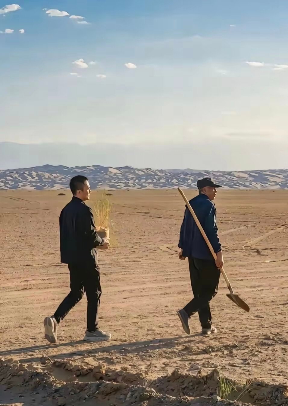梁朝伟现身甘肃敦煌戈壁滩，跟着护林师傅一步步种下梭梭树。影片里他与百年银杏树完成