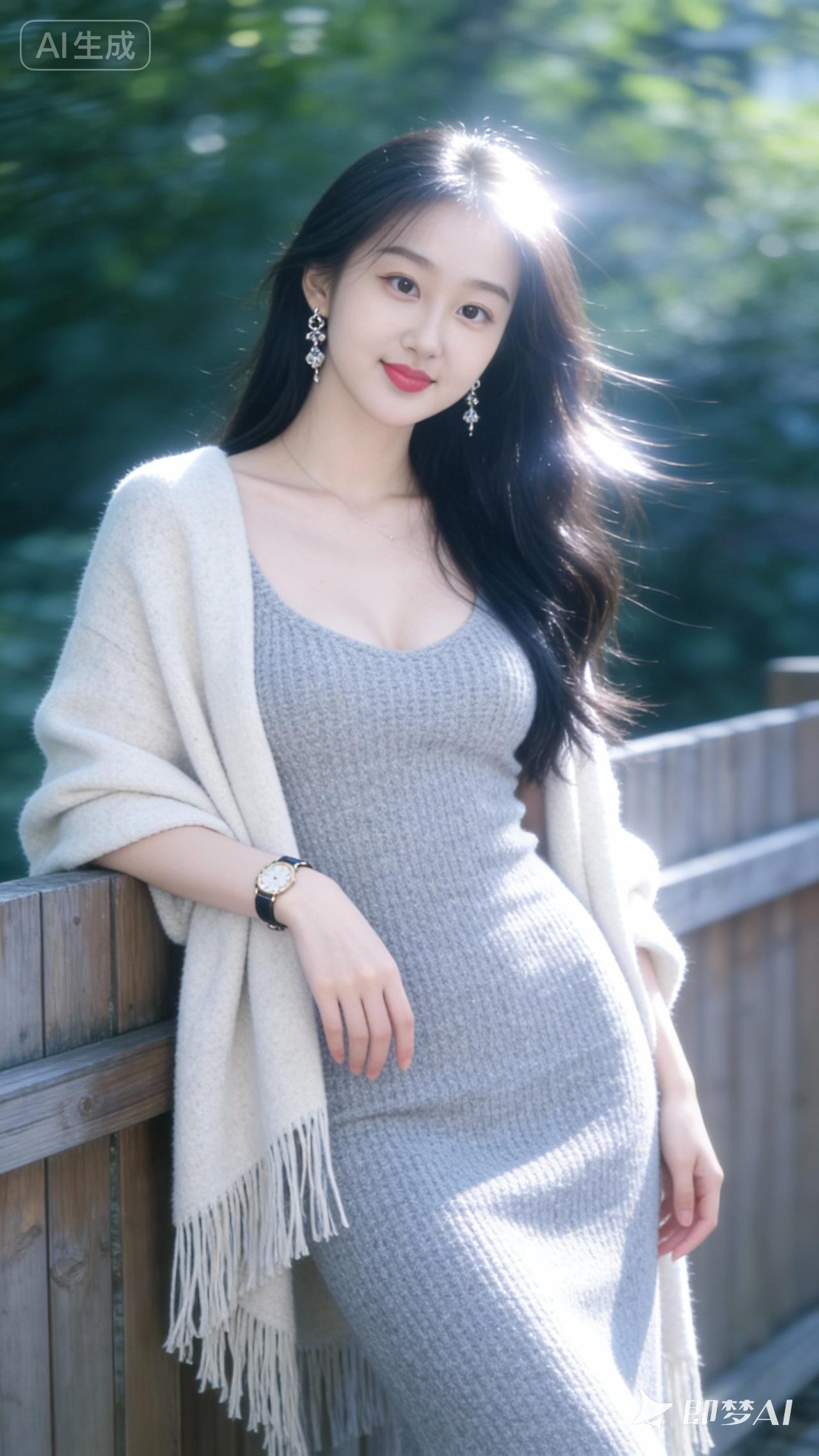 一位棕色长发及腰、模样可爱的冷白皮女生，身着冬季随机搭配合理穿搭，其软糯的质感和