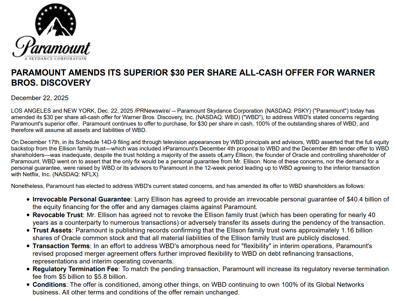 拉里·埃里森为华纳兄弟并购案提供超400亿美元个人担保