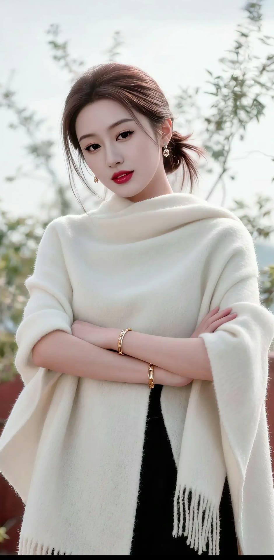 温柔冬日穿搭，白色毛衣+黑色裙子，温暖有型！🌟👗👗