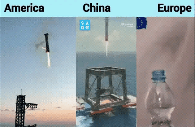 国外网友用盖瓶盖讽刺欧洲火箭回收技术，伤害性不大，侮辱性极强！这幅动图做得太有意