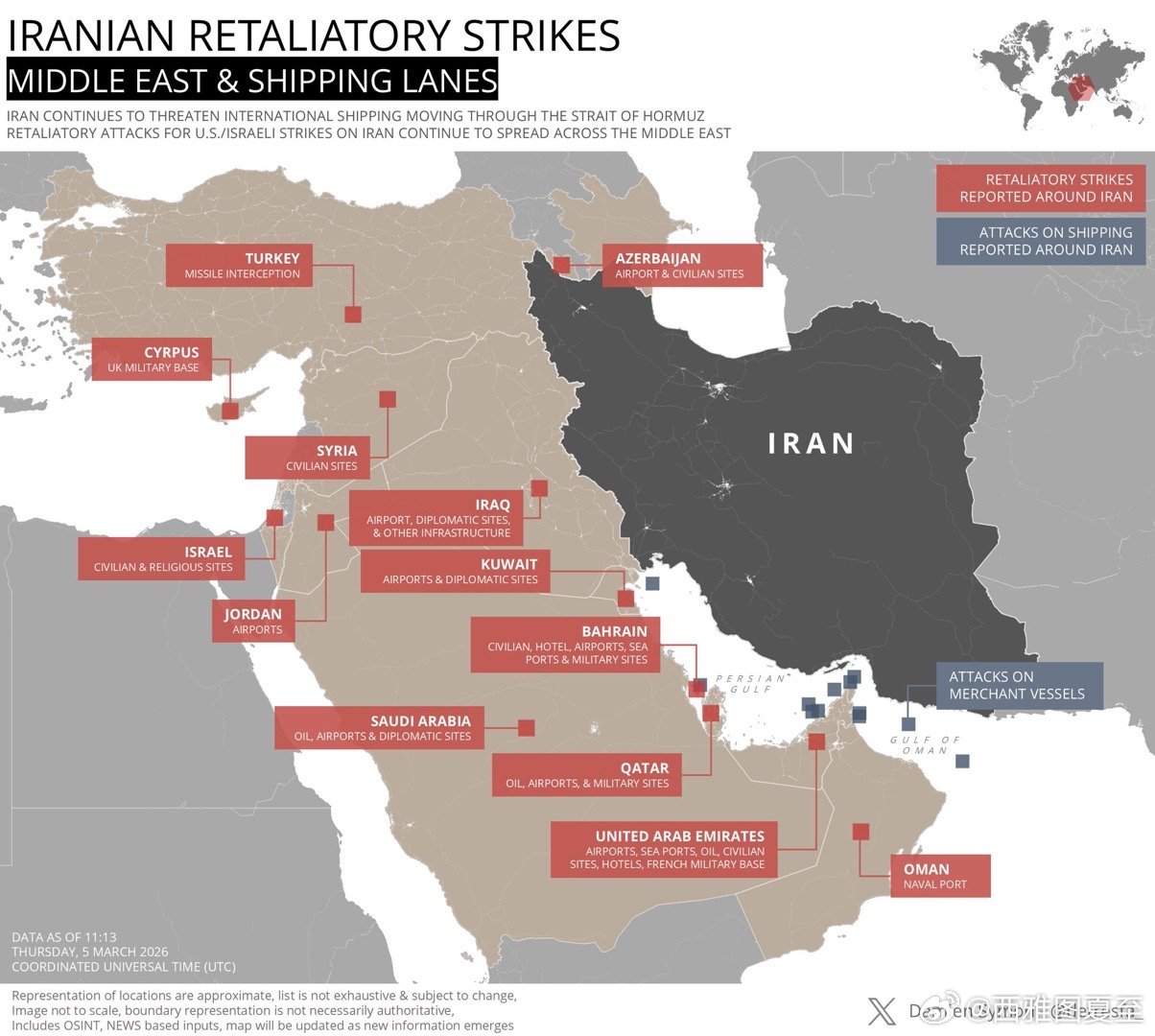 伊朗的报复行动，截至3月5日，覆盖的国家（红色）和袭击的商船（蓝色）