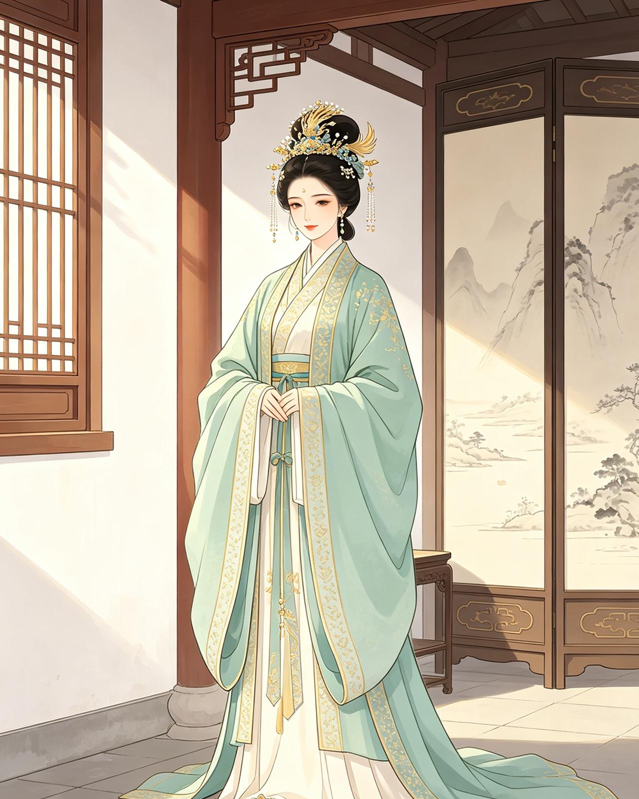 这是我国宋代女人的服饰，从后妃到普通老百姓。宋代的基本服饰就是交领右衽。
