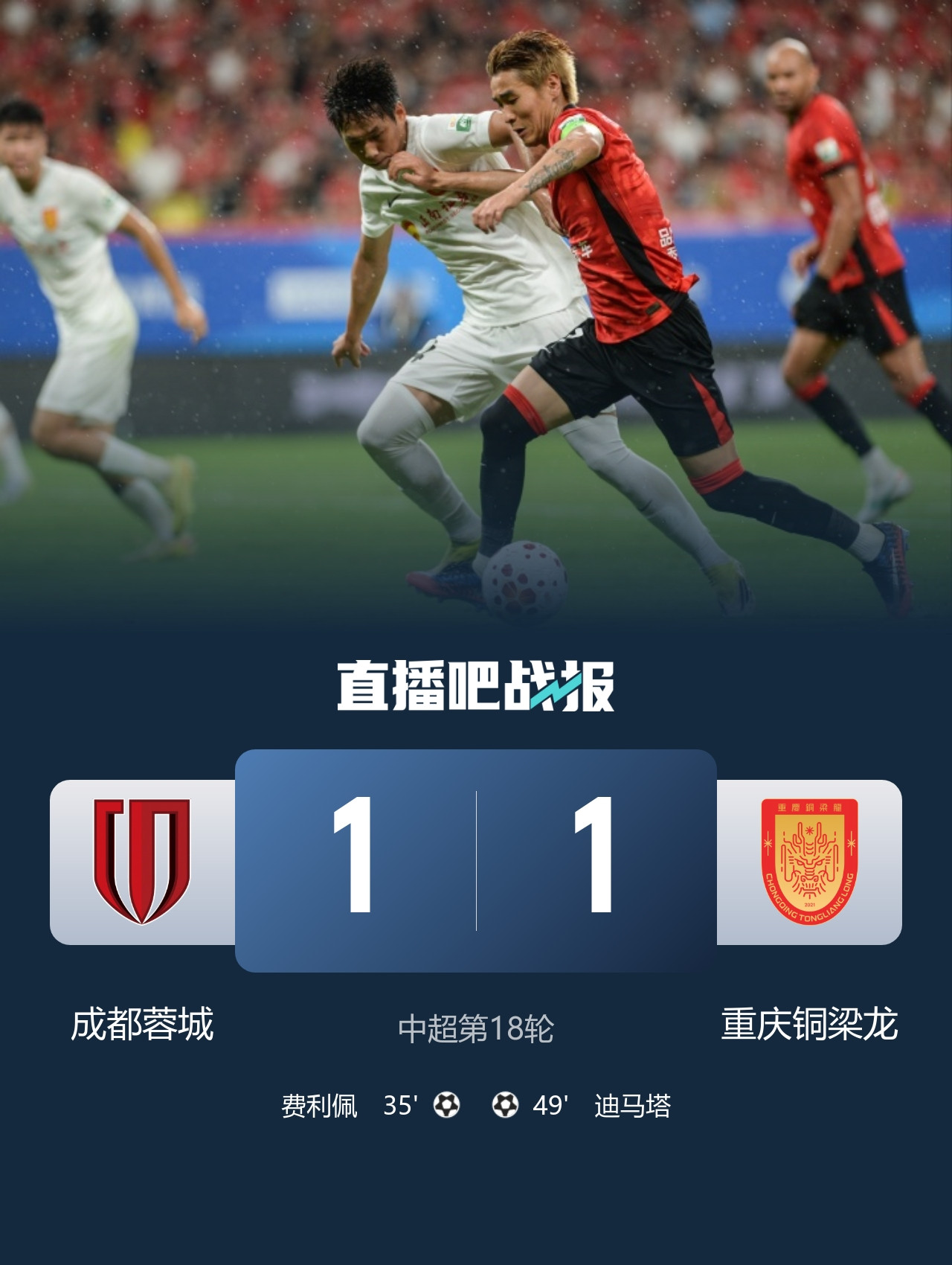 14分领跑! 蓉城1-1铜梁龙联赛2连平 费利佩破门+中框迪马塔救主
