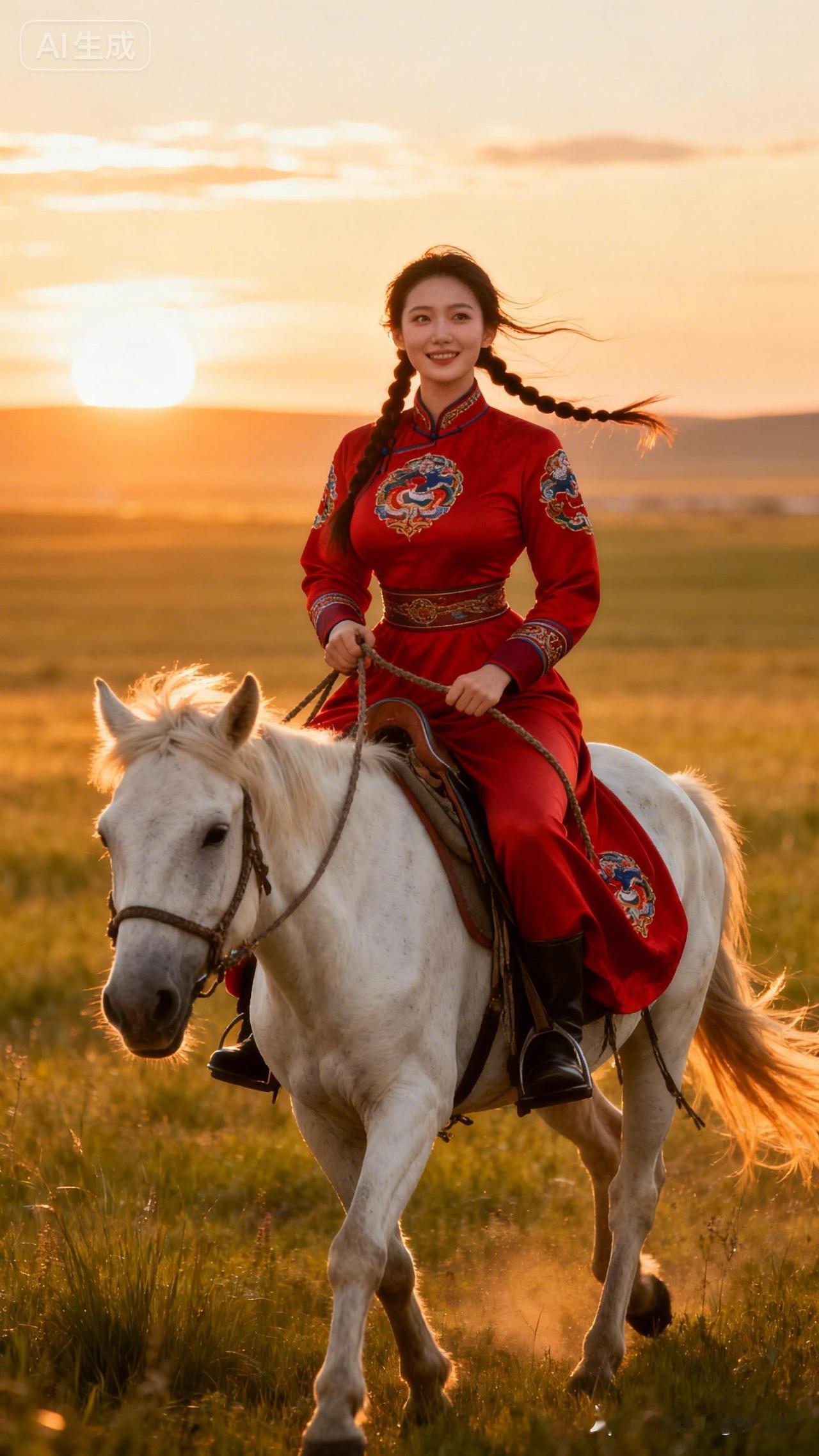 草原上的骑马少女，红衣飘飘，夕阳西下，美不胜收！
