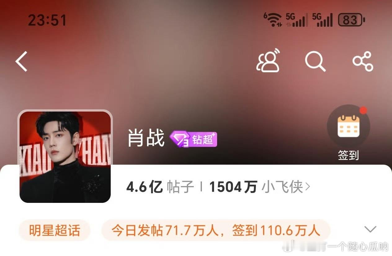 肖战超话签到110万，抢座破4亿，真的是有召必回，太猛了！顶了7年，最当红还得是