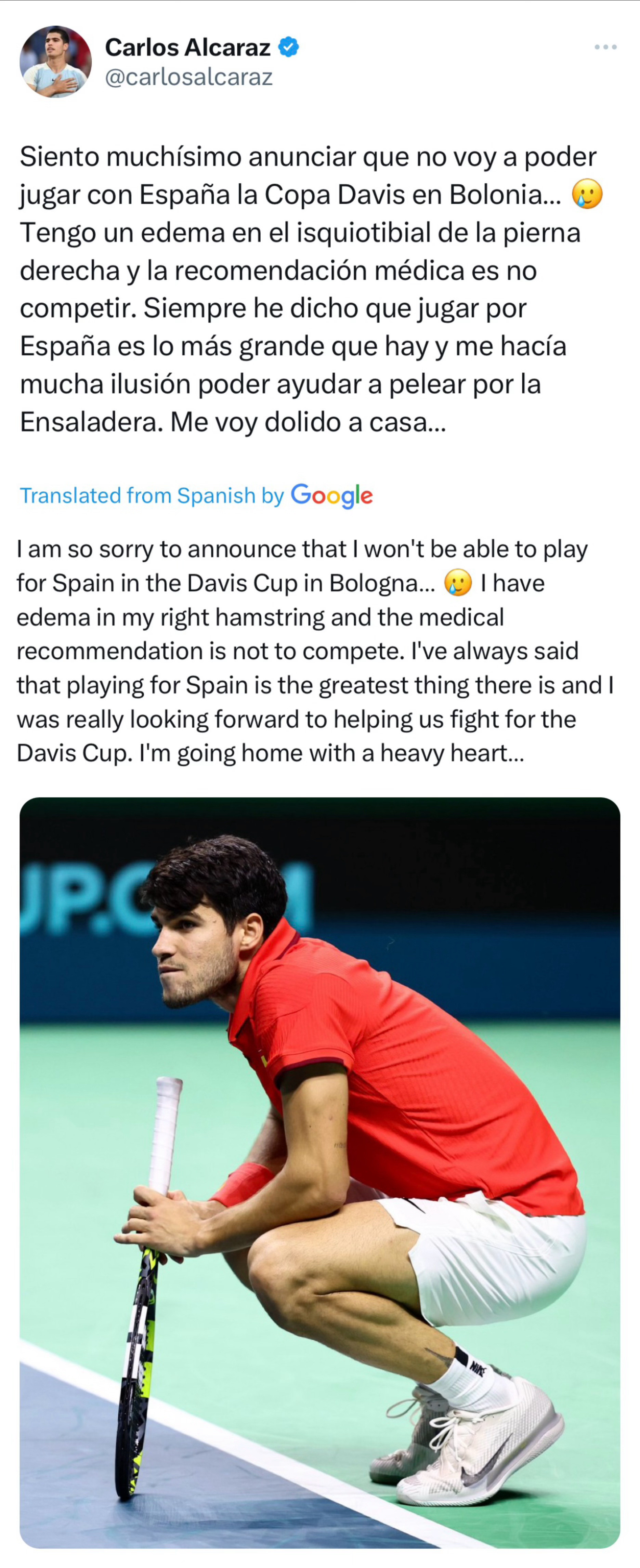 阿尔卡拉斯在社交媒体发文宣布因伤退出戴维斯杯决赛，他的2025赛季也正式宣告结束