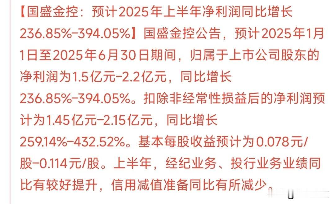 终于有券商个股中报了，牛市真的要来了国盛金控公布中报，预增2-4倍，扣除损失外