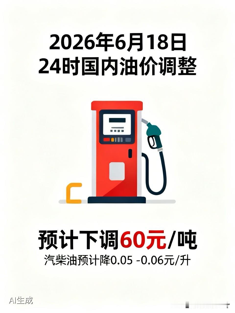 2026年6月18日24时，国内成品油即将迎来油价进一步下跌，也是新一轮油价调整
