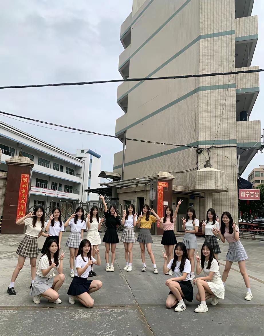 一群女孩在学校前摆姿势拍照。