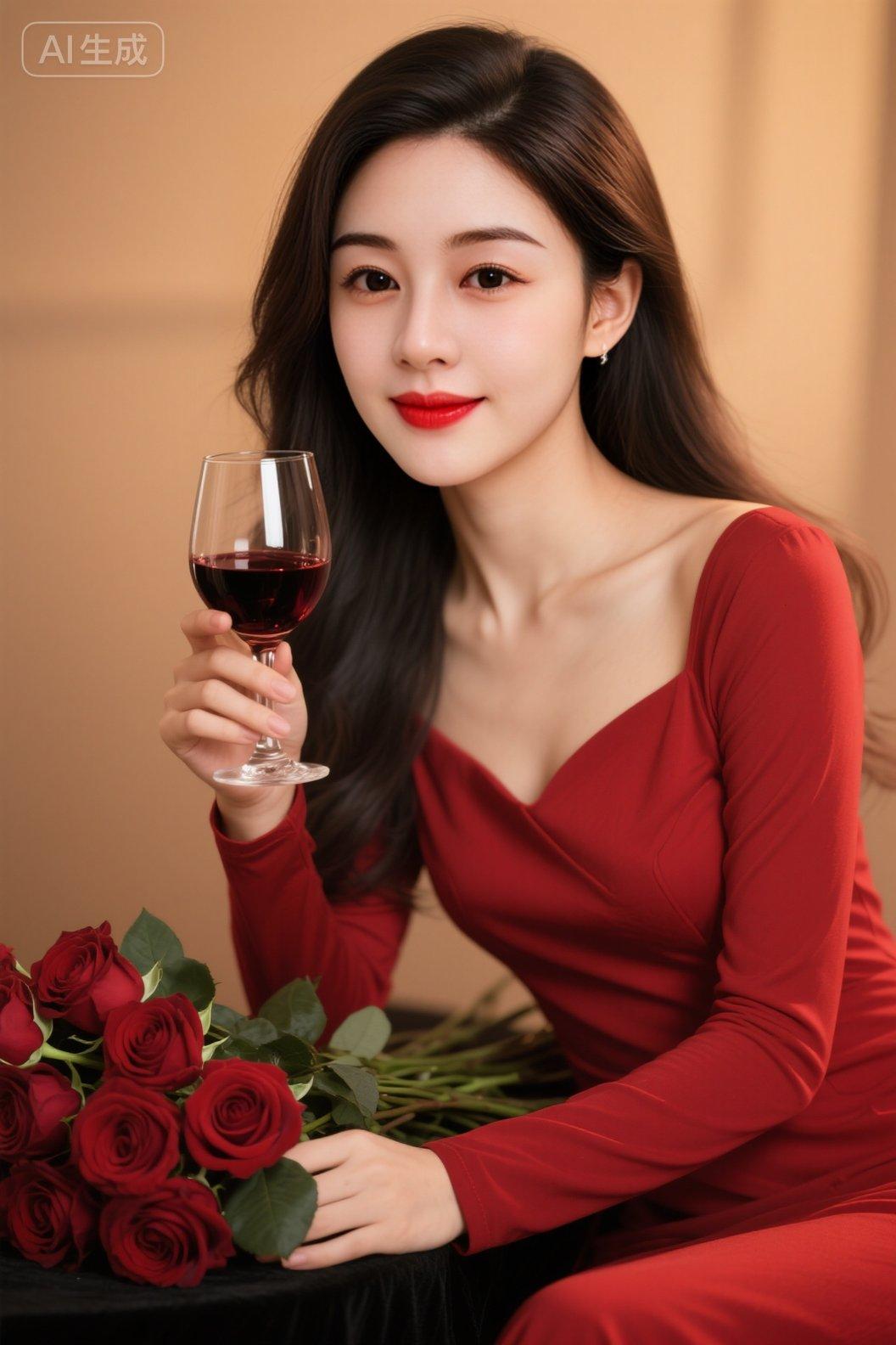 优雅气质红色连衣裙女神范魅力女人