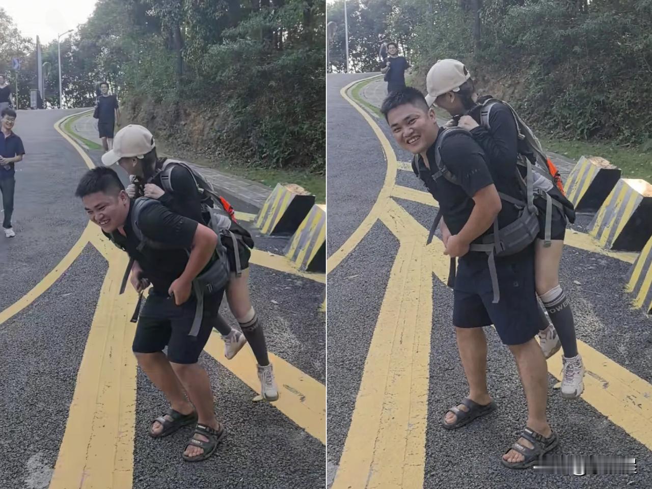 广东，女子崴脚在山路动弹不得，1米7的个头让同伴没法背，急得没辙时，河南