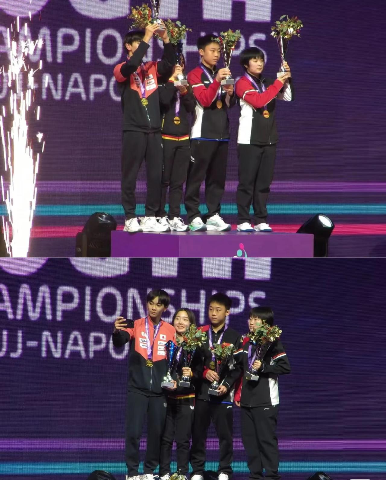 2025世青赛的单打冠军合影—于海洋覃予宣真棒👍U19男单冠军—川上流星?