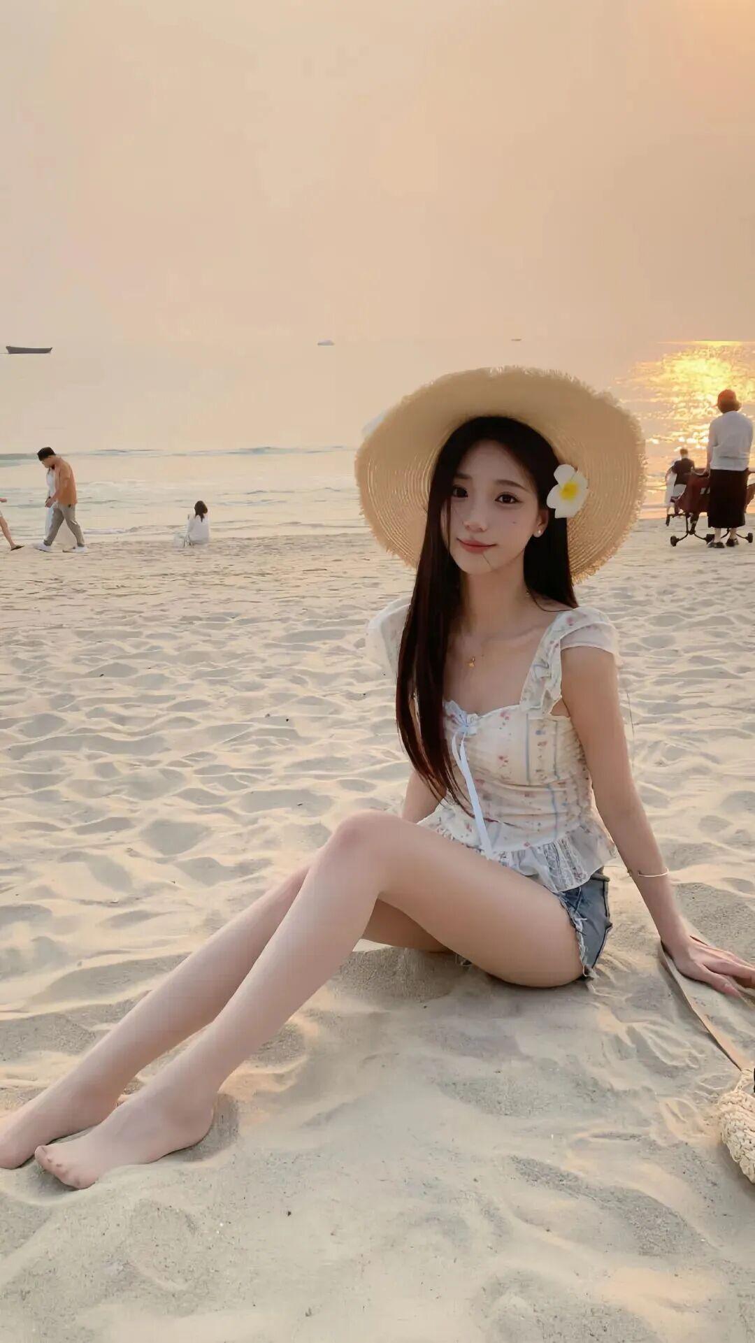 海边沙滩日落，少女与花，温柔时光穿搭美女高清美女高雅气质美女美女欣赏图片