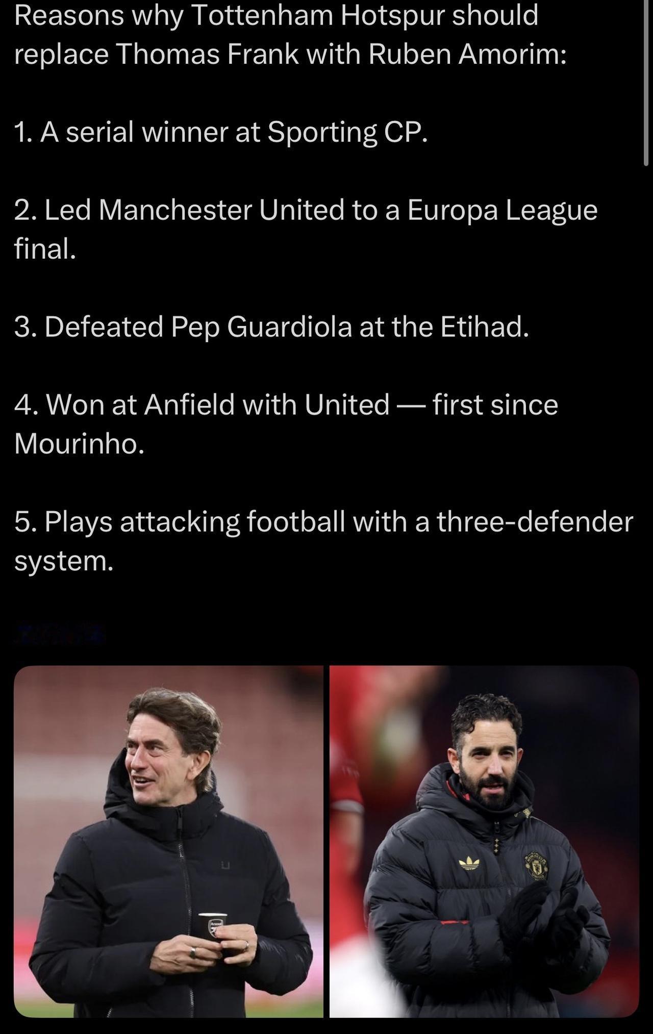 网友调侃热刺该用阿莫林做主教练，因为他去年在曼联有保级经验，并合理牺牲欧联杯后，