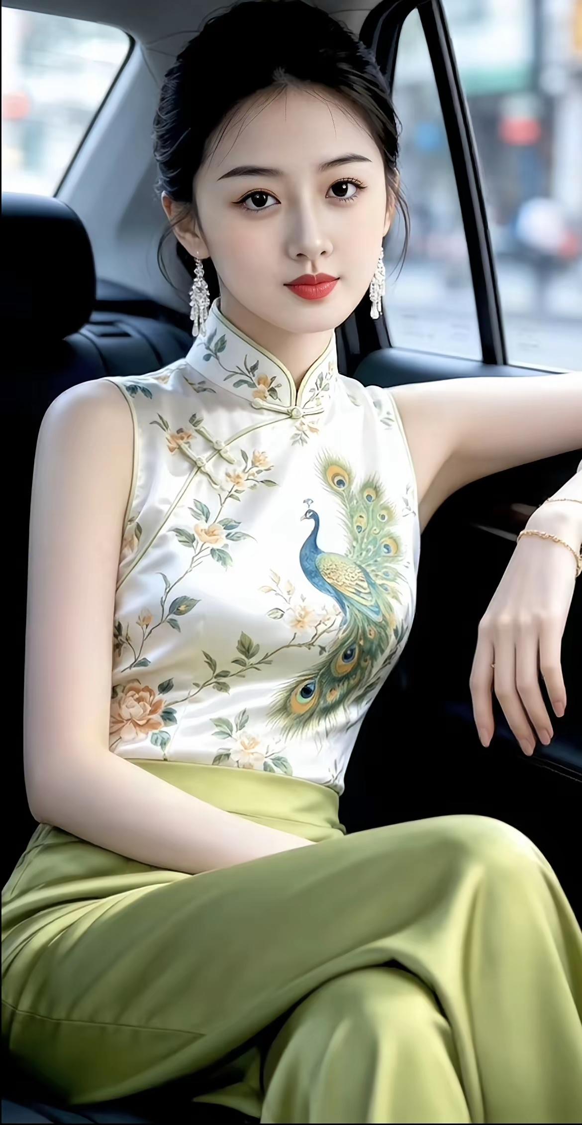 她穿着旗袍坐在车里，真漂亮。