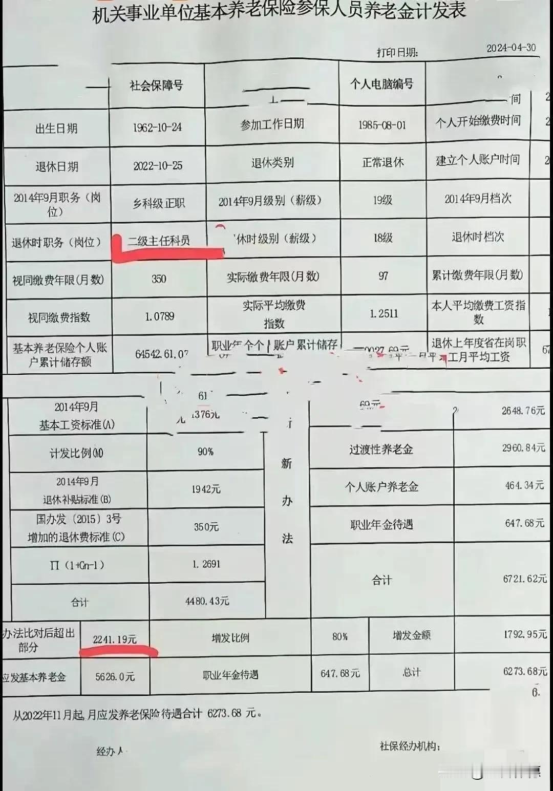 二级主任科员，也就是正科级待遇，退休后领取的养老金待遇合计6273.68元，体制