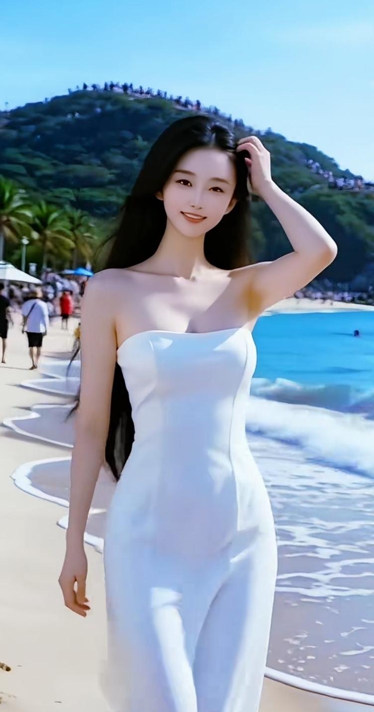 夏日沙滩白裙少女，阳光下的清新之美在那片水天一色的沙滩上，白裙少女宛如一朵盛开的