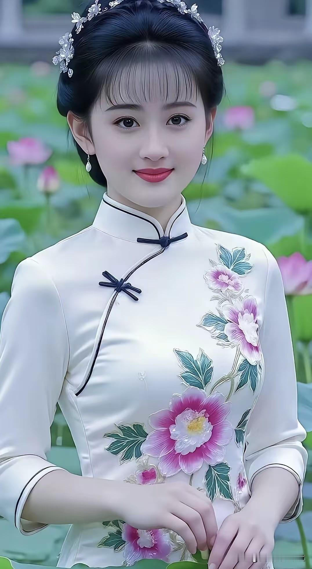 五言·荷畔旗袍素袂凝芳影，旗袍映浅塘。簪花凝玉色，笑靥带荷香。绣艳凝清