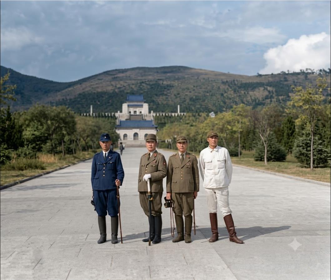 1937年，南京沦陷后，四名日军军官在南京中山陵陵园大道上留影。他们后面是中山陵