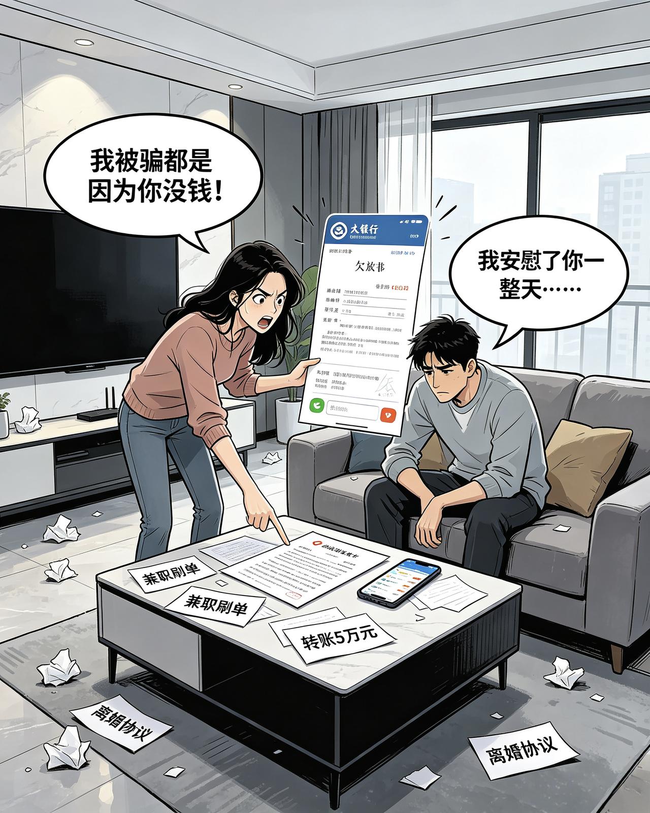 女子网上找兼职，结果被骗5万，最后她脑回路惊奇，反倒怪原因出在老公没钱，目前闹着