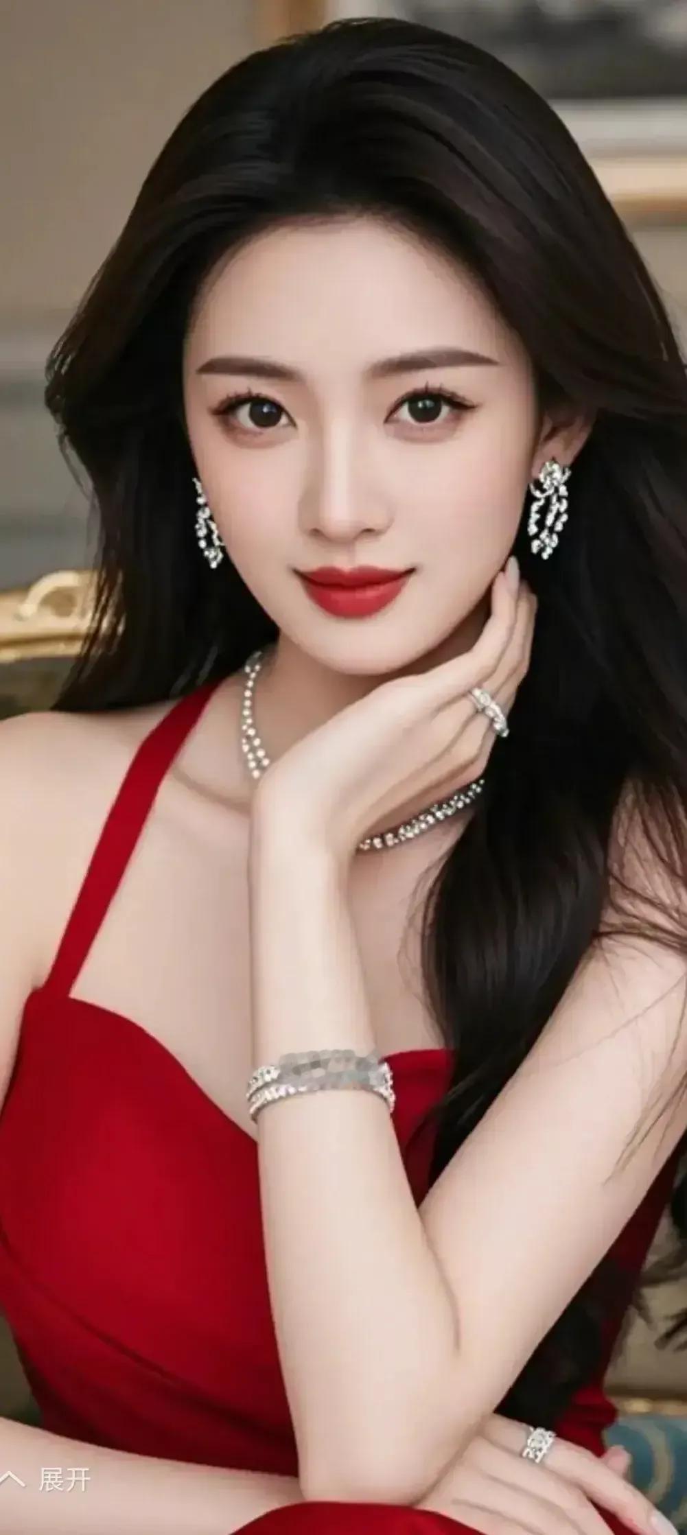 优雅红裙美人，闪耀珠宝点缀，散发迷人魅力。古典红裙佳人红裙女郎温婉红裙气质