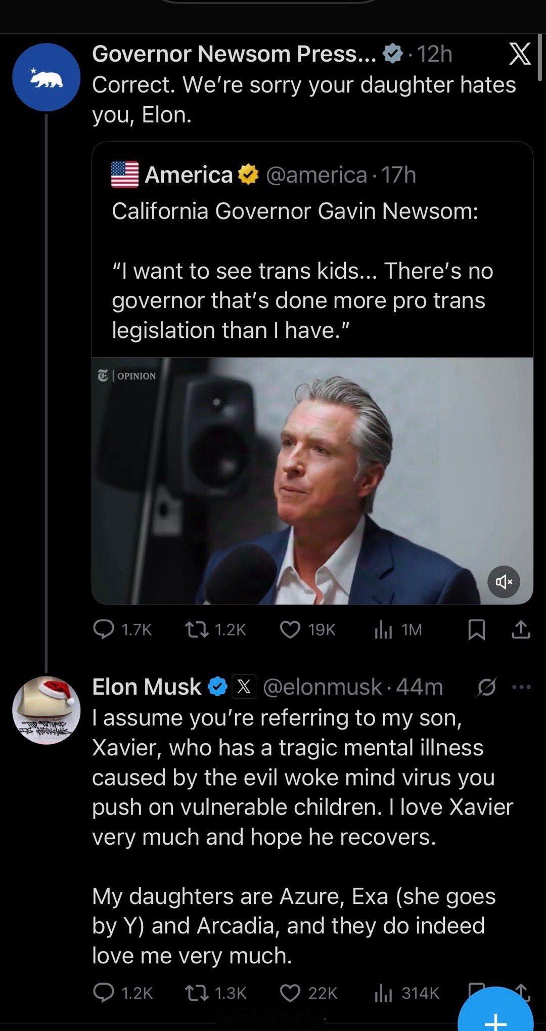 马斯克拒绝承认自己孩子变性（从男变女）的事实，继续用原先的男孩名Xavier，而