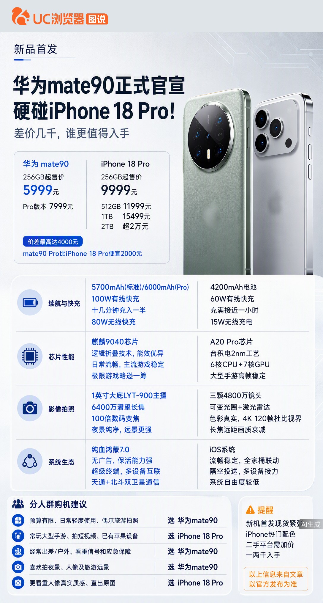 华为Mate90官宣硬刚iPhone18Pro，同存储差价最高4000元。苹果胜在2nm芯片与生态，