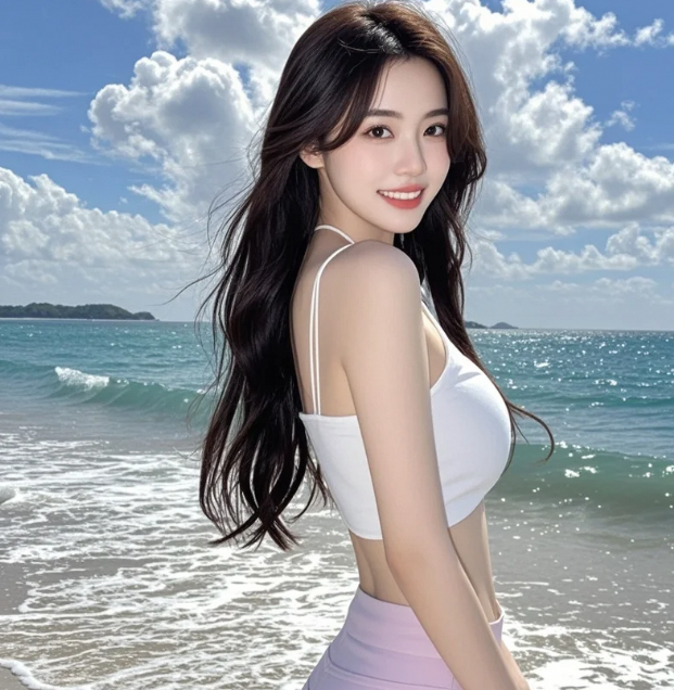 妩媚美眉踏沙行，丰腴体态最倾城