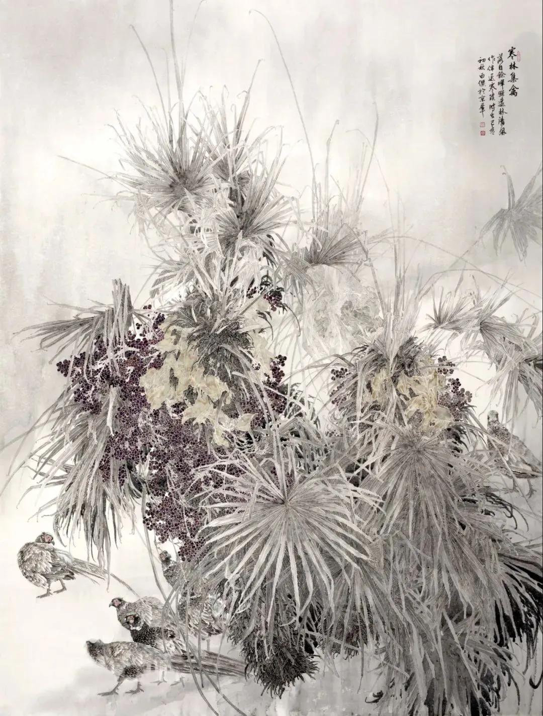 以工笔描绘大自然的花鸟草木和百般意趣，清新雅致，明净典雅，充满诗情画意，营造出生
