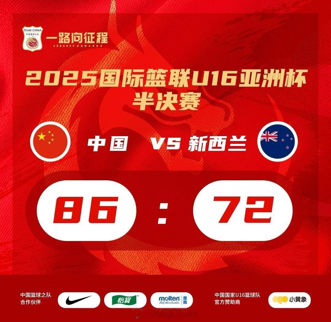 哦吼，又是赢了新西兰14分进决赛～这是中国u16男篮在2017年后，首次晋级U