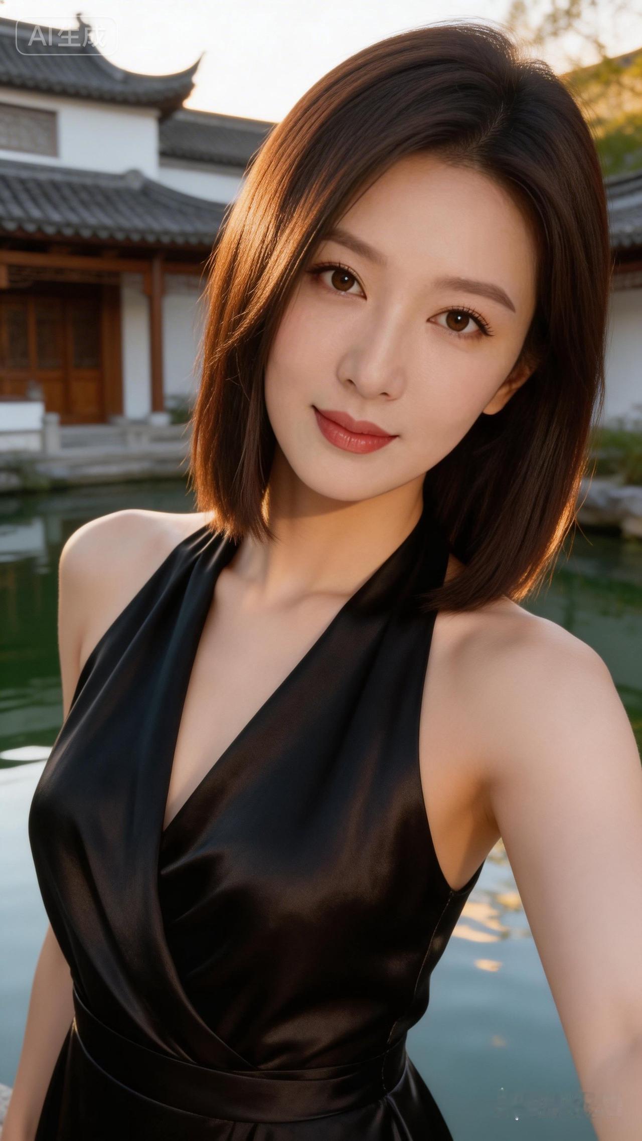 优雅黑裙，东方韵味，梦回江南水乡