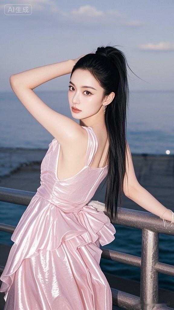 这位美女在海边看着夕阳。
