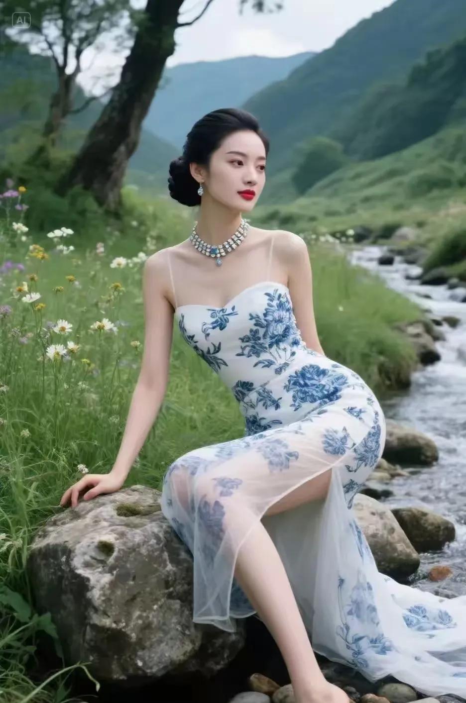 溪畔闲行蓝白裙裾映溪清，缓步山间自雅生。石水树间循岁序，人生静赏自然情。