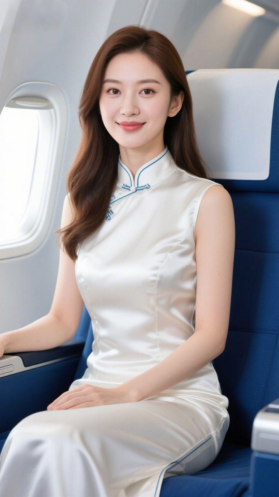《素缎临窗，云程含柔》舷窗外的云潮漫过机翼时，她正轻靠在蓝绒座椅上，素缎旗